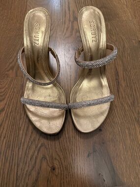 SCHUTZ Gold Rhinestone Double-Strap Satin Slide Heels